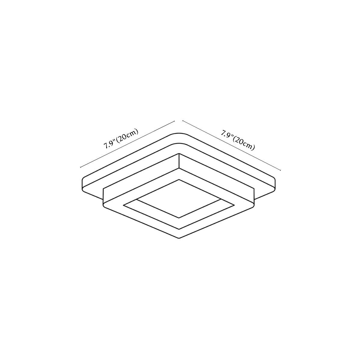 Clérachic ceiling light dimension drawing, 1 of 6, every measurement marked in centimetres and inches.
