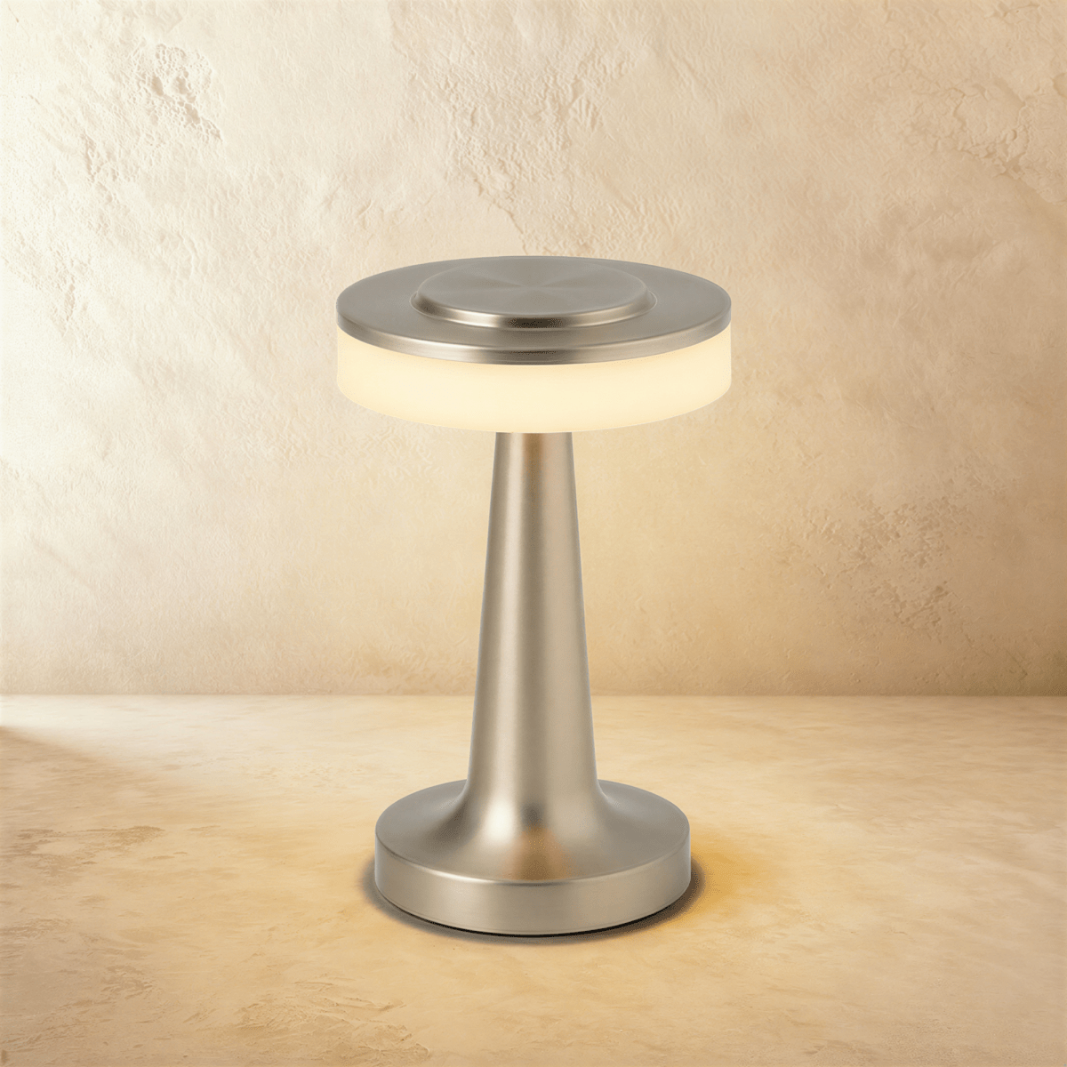 Clérachic cordless table lamp in satin silver, lit, a slim tapered stem rising from a round base to a disc head
