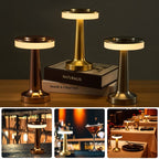 Clérachic cordless table lamps in rose gold, gold and silver, with small scenes on a bar top, cocktail and dining tables