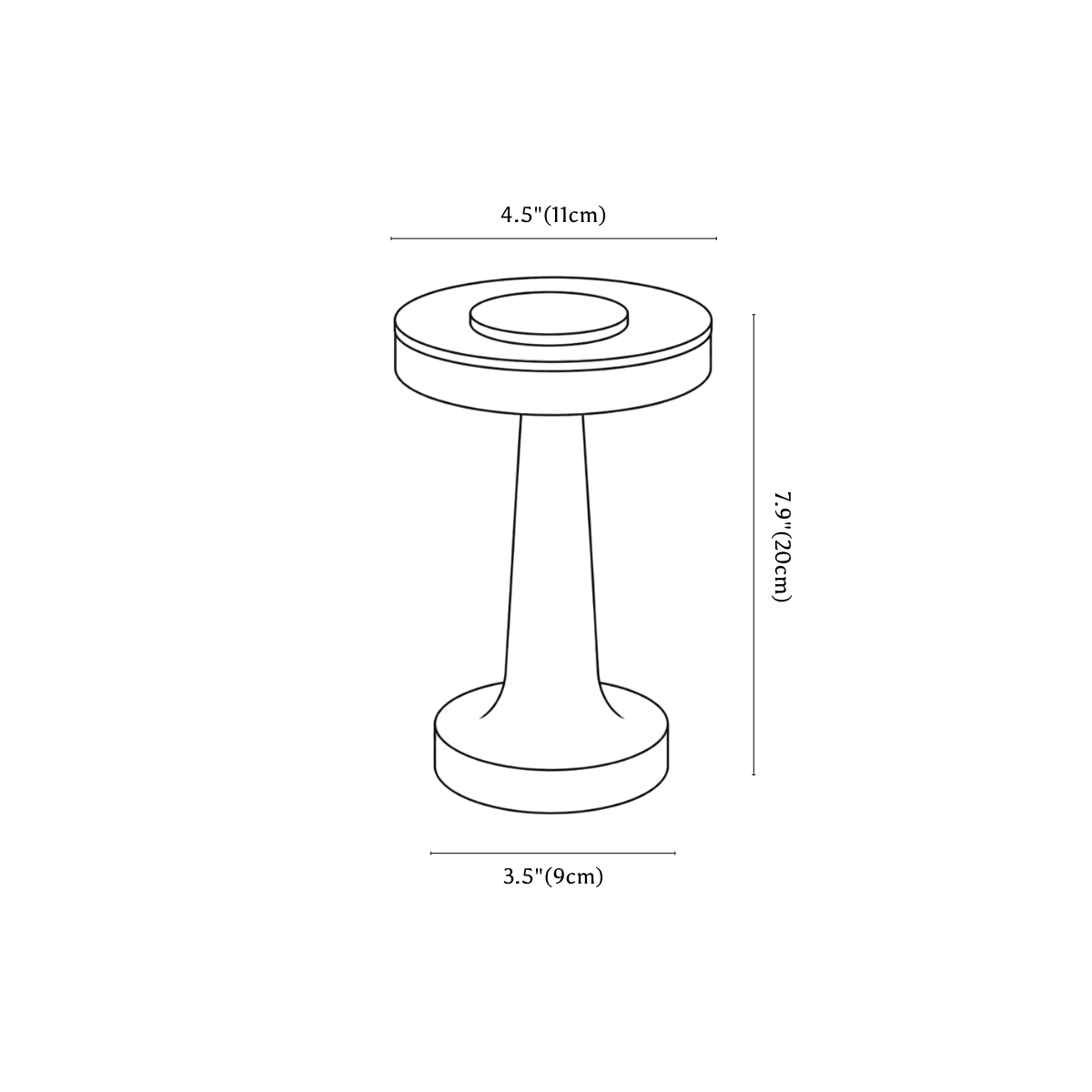 Clérachic table lamp dimension drawing, 11 × 20 cm, every measurement marked in centimetres and inches.