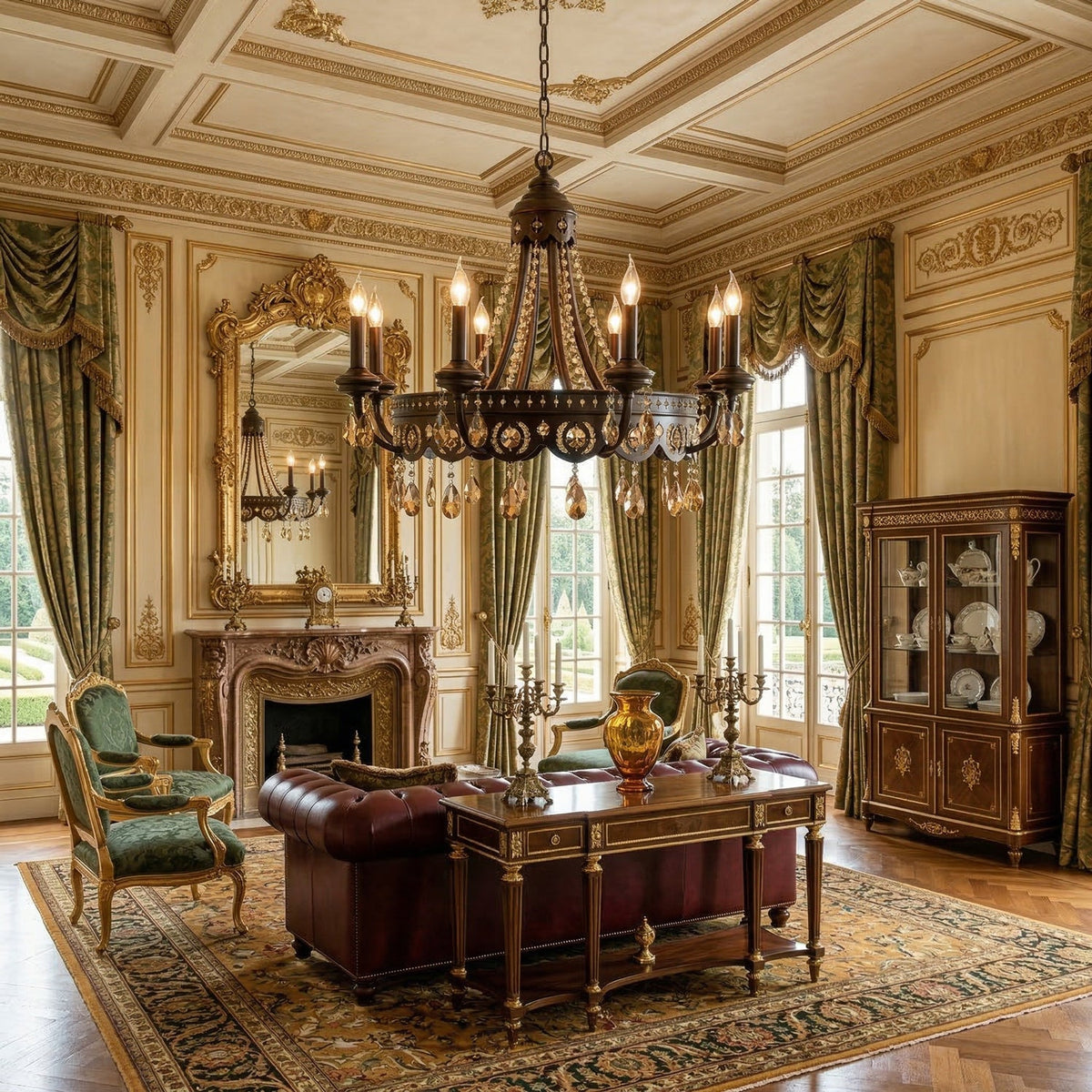 A Clérachic chandelier with candle-style lights hung in a grand drawing room with gilt panelling, green drapes and a leather sofa.