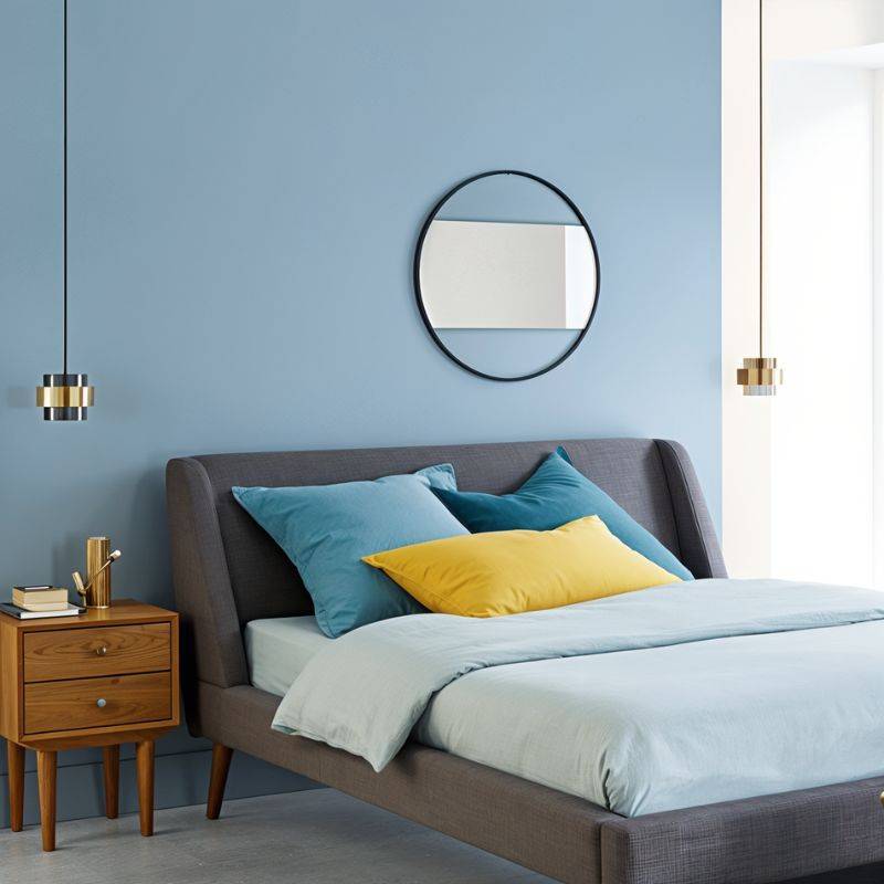 Two Clérachic cylinder pendants with brass bands hanging beside a grey upholstered bed in a blue-walled bedroom.