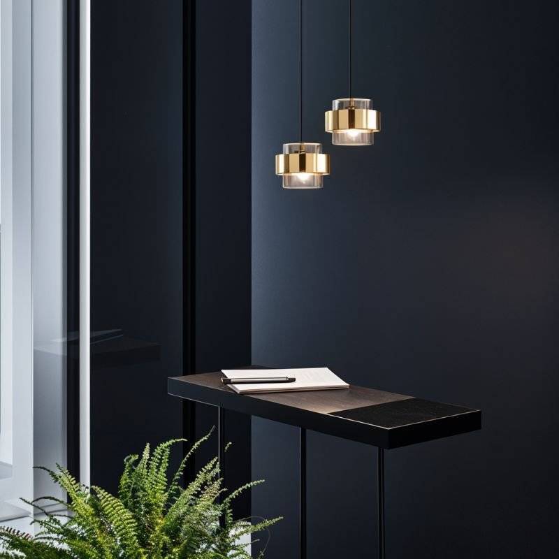 Two Clérachic cylinder pendants with brass bands glowing warm white above a dark desk with a notebook and pen.
