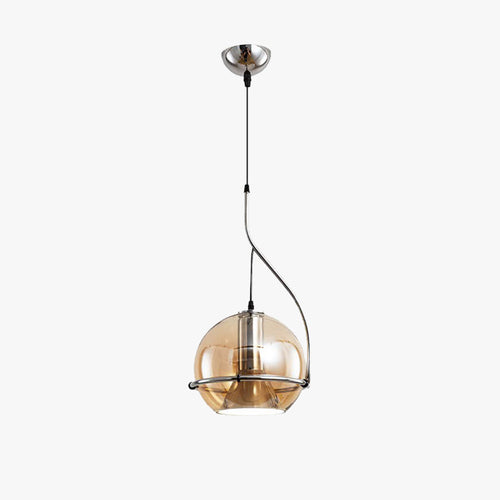 Clérachic Amber Glass Dome Pendant Light hangs on a black cord, a chrome arm curving around the glowing amber shade.