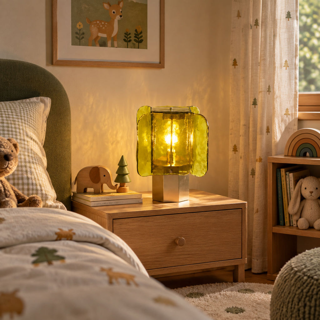 Green glass Clérachic table lamp glowing on a nightstand with a toy elephant, a small tree figure and a patterned bedspread.