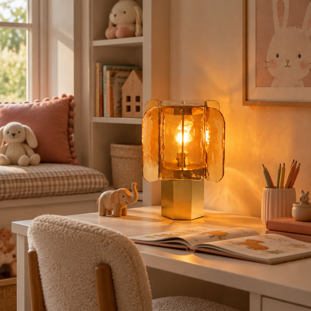 Amber glass Clérachic table lamp on a white desk beside a pencil pot, toy elephant and open book, with a window seat behind.