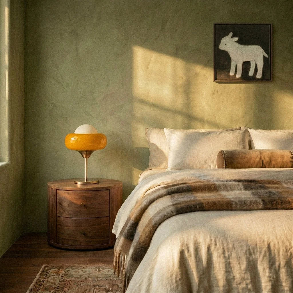 Clérachic table lamp on a round walnut bedside drawer unit, switched on in daylight beside a linen bed and sage green wall.