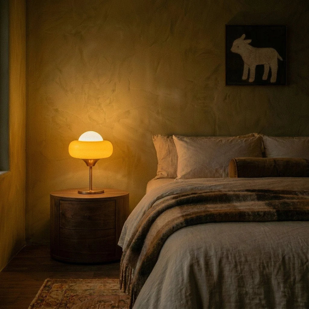 Clérachic table lamp at dusk on a round walnut bedside unit, its amber shade casting a warm glow over the linen bedding.