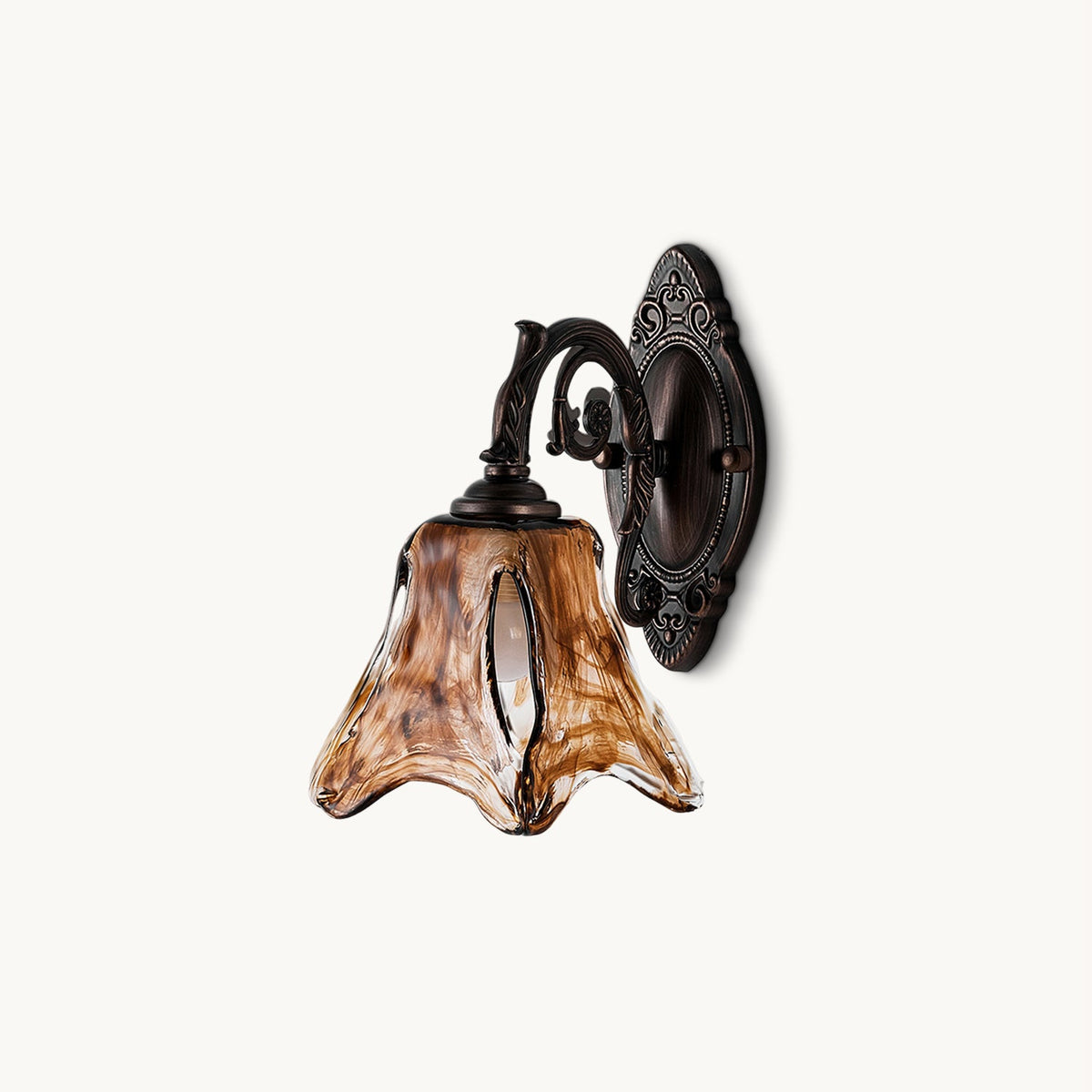 This Clérachic wall lamp on a plain white backdrop, an amber swirled glass shade on a scrolled red bronze arm and oval backplate.