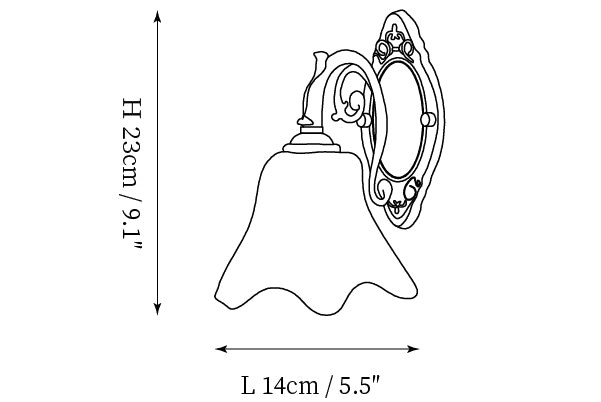 Clérachic wall light dimension drawing, 1 of 3, every measurement marked in centimetres and inches.