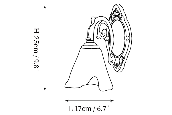 Clérachic wall light dimension drawing, 2 of 3, every measurement marked in centimetres and inches.