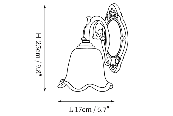 Clérachic wall light dimension drawing, 3 of 3, every measurement marked in centimetres and inches.