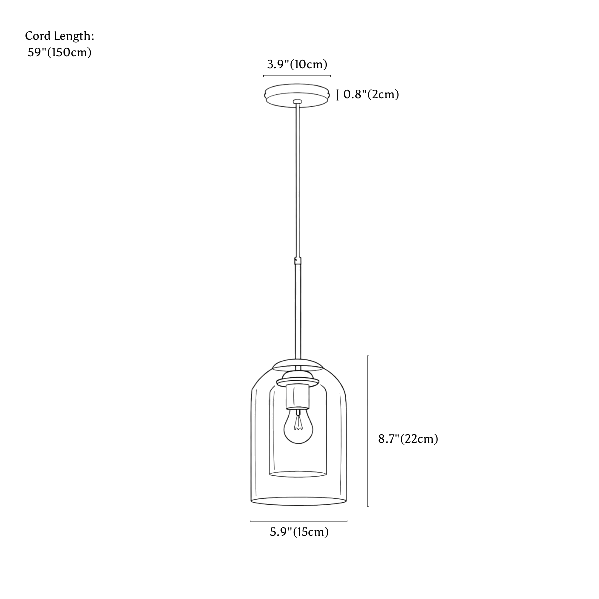 Clérachic pendant light dimension drawing, every measurement marked in centimetres and inches.