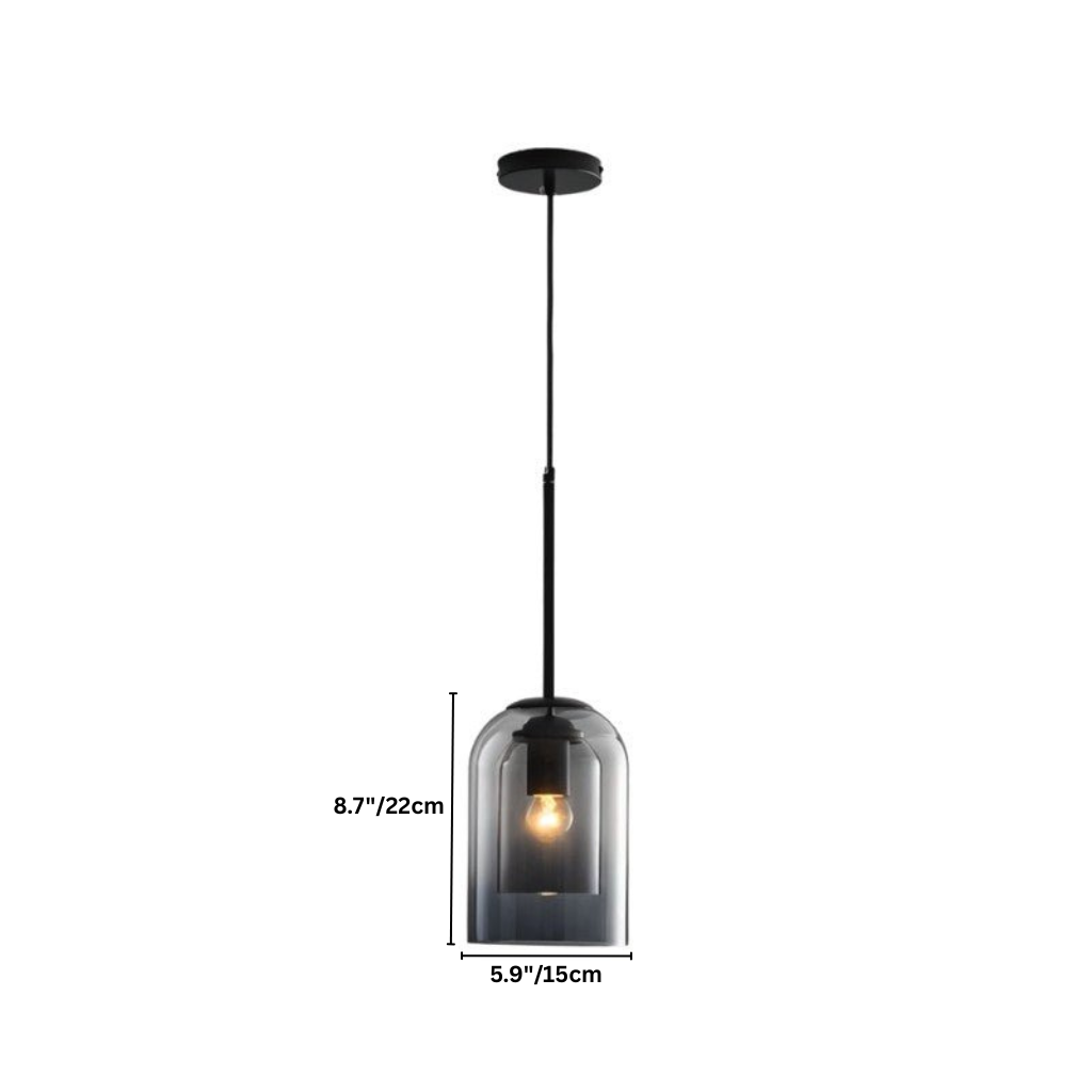 This Clérachic smoky gray glass pendant measures 15 cm wide and 22 cm tall, shown with its cord and canopy.