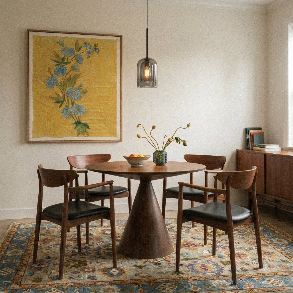 A Clérachic smoky gray glass pendant lights a round dining table beneath a yellow floral painting.