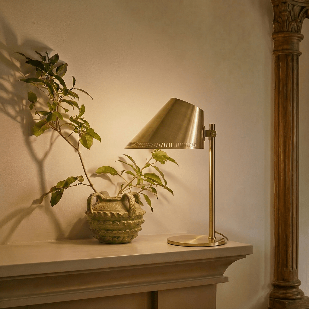 Clérachic table lamp in brass glowing on a mantel beside a carved vase and a leafy potted branch.