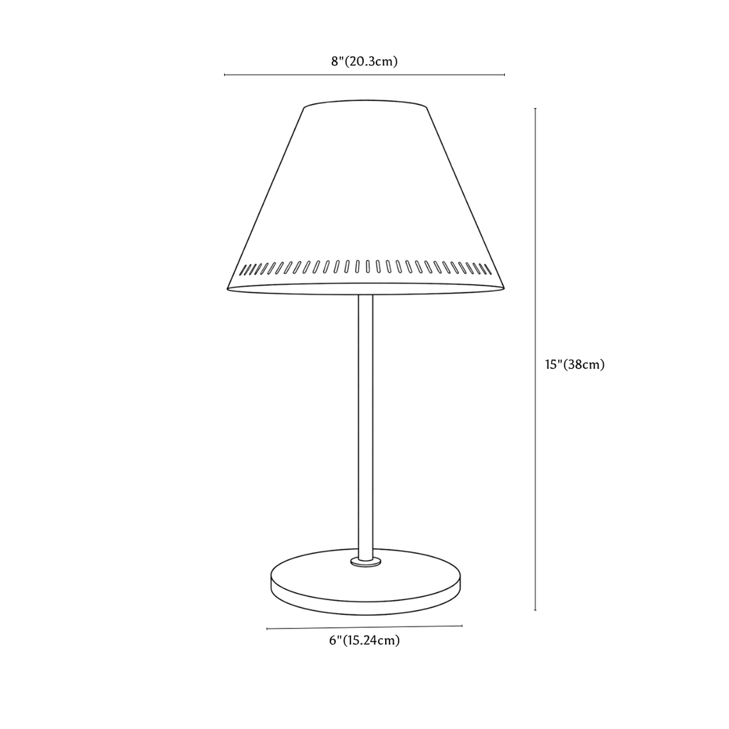 Clérachic table lamp dimension drawing, every measurement marked in centimetres and inches.