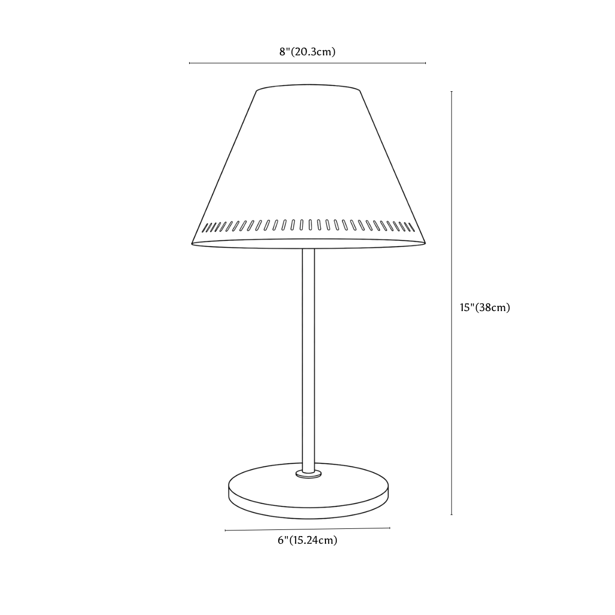 Clérachic table lamp dimension drawing, every measurement marked in centimetres and inches.