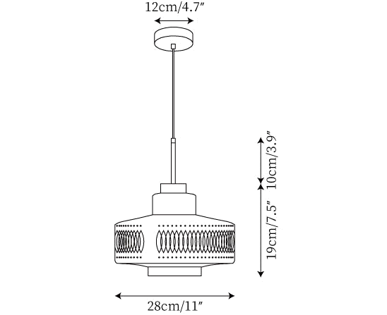 Dimension drawing of this Clérachic pendant, with its 28 cm width, 19 cm shade height and 10 cm stem marked.