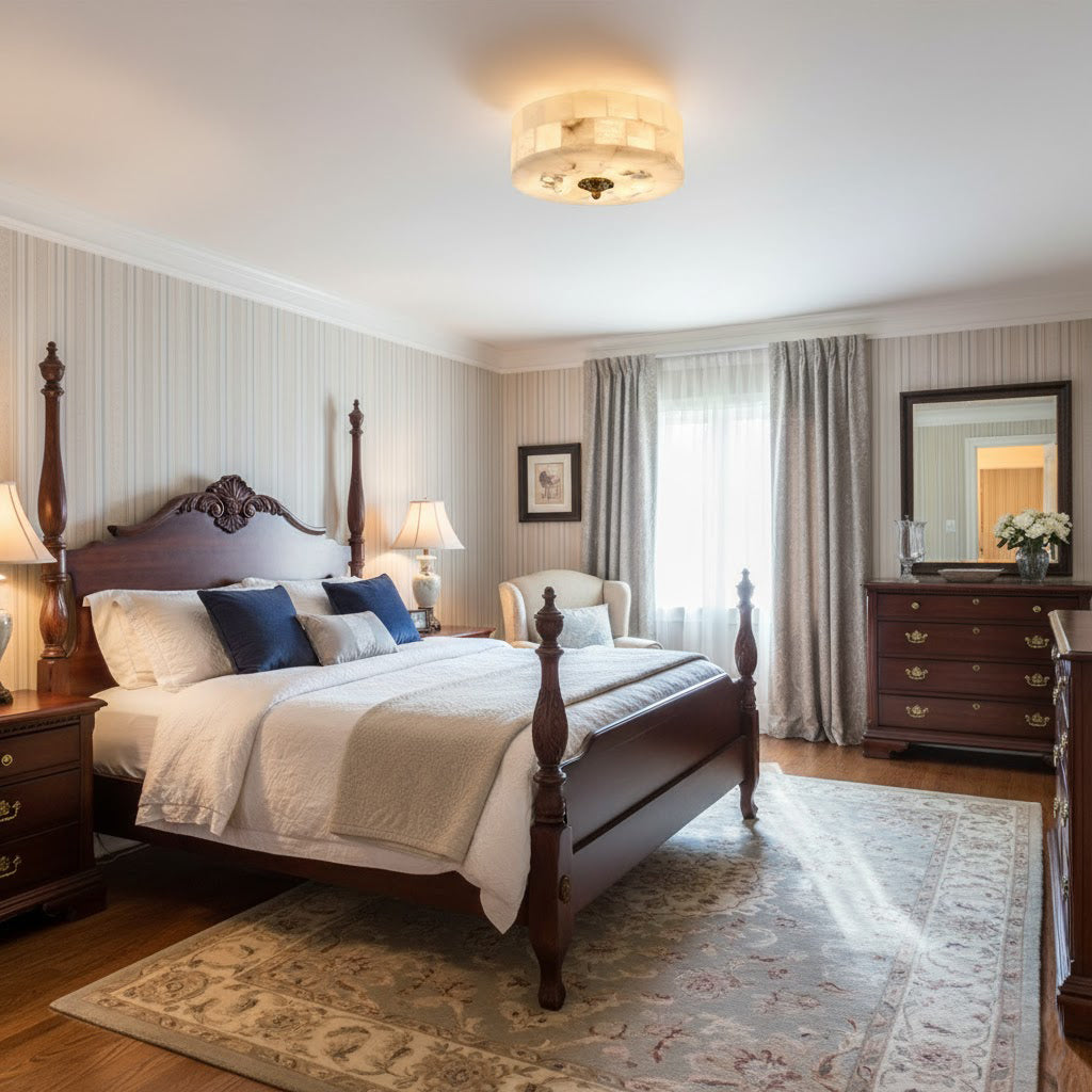 Small round Clérachic alabaster ceiling light, lit, above a traditional bedroom with a dark wood four-poster bed and patterned rug.