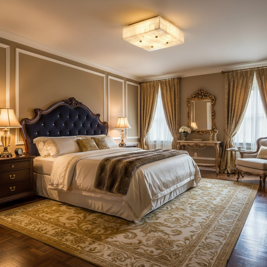 Square alabaster ceiling light from Clérachic lit above a bedroom with a navy tufted headboard and a patterned gold rug.
