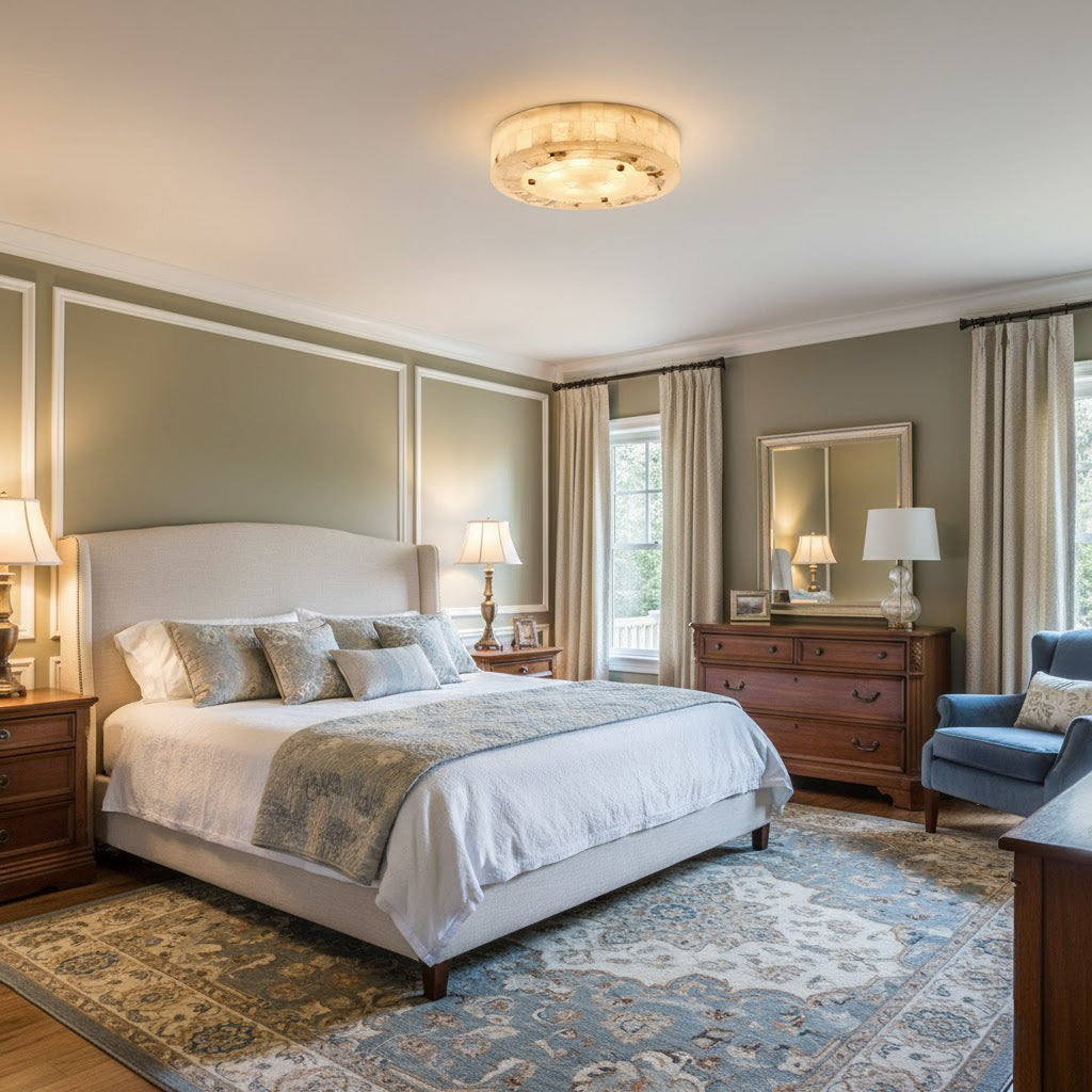 Round Clérachic alabaster ceiling light on a pale ceiling above a bedroom with sage walls, a white bed and a blue rug.
