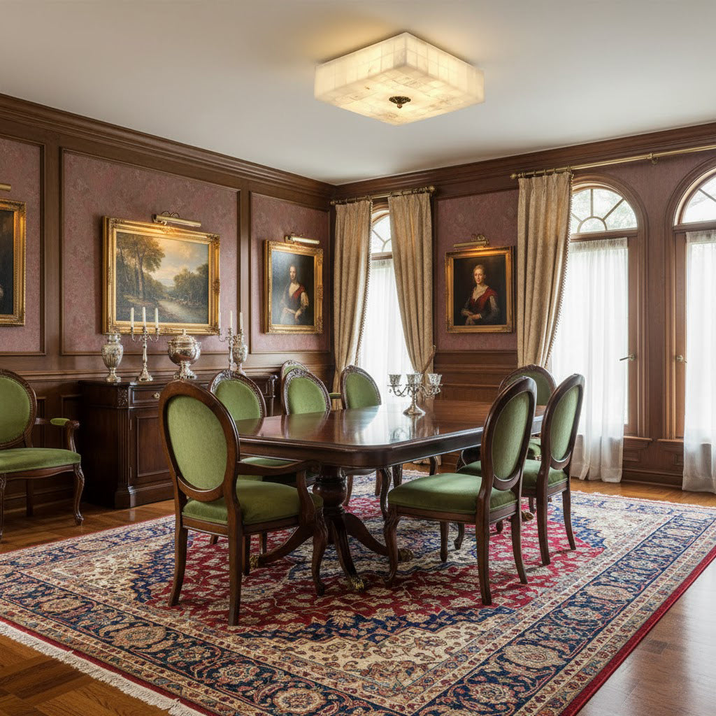 A Clérachic square alabaster ceiling light glows over a dining table with green chairs, framed paintings and a red rug.