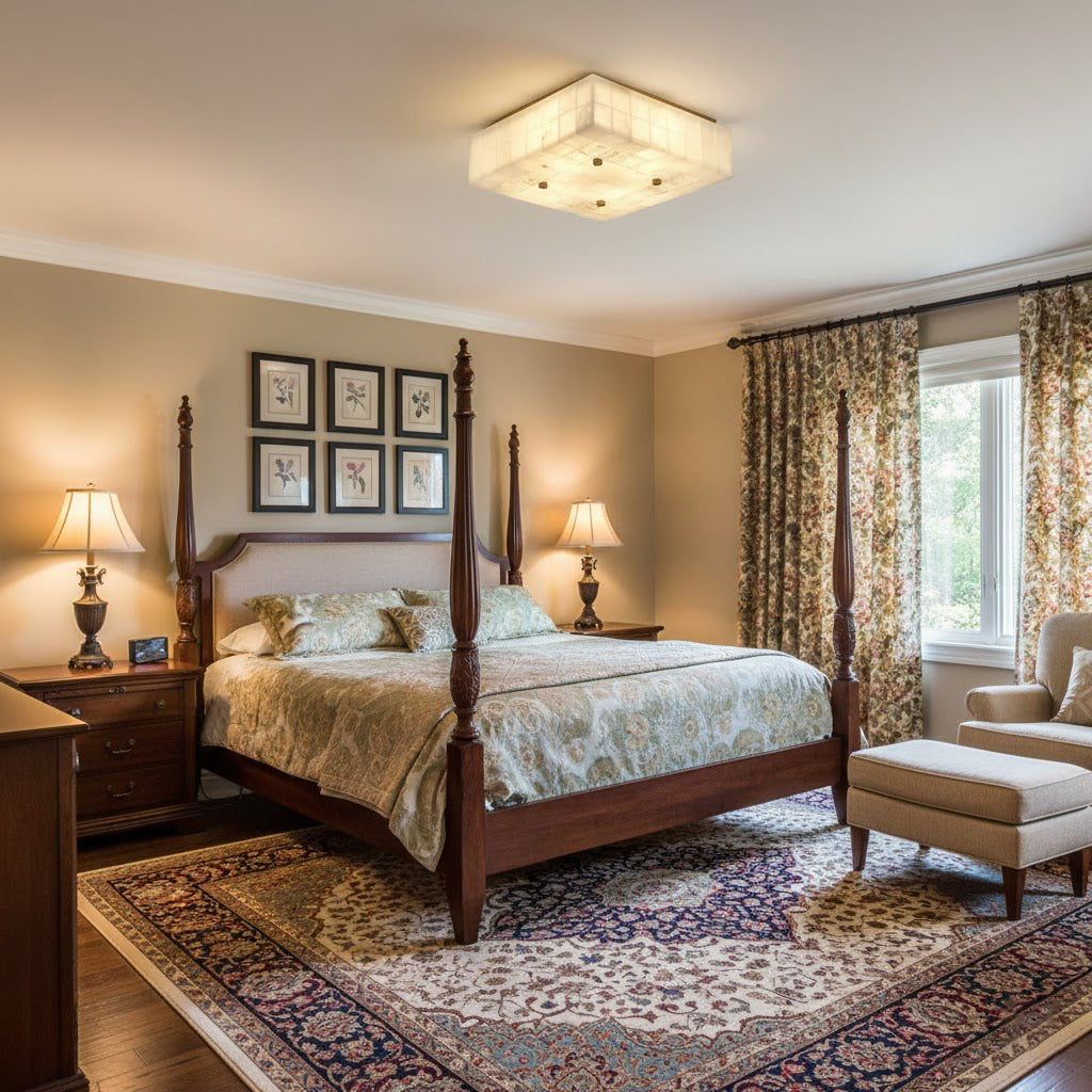 Clérachic square alabaster ceiling light above a four-poster bedroom with floral curtains and a navy patterned rug.