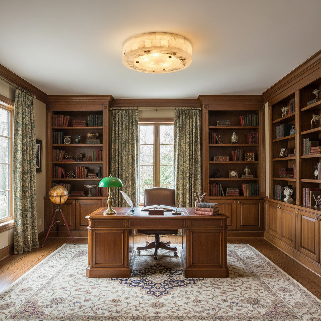 Distant view of a round Clérachic alabaster ceiling light in a wood-panelled study with a desk, green lamp and bookcases.