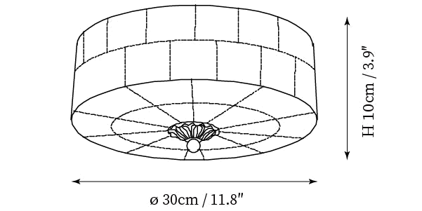 Clérachic ceiling light dimension drawing, 1 of 3, every measurement marked in centimetres and inches.