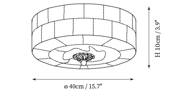 Clérachic ceiling light dimension drawing, 2 of 3, every measurement marked in centimetres and inches.