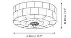 Clérachic ceiling light dimension drawing, 2 of 3, every measurement marked in centimetres and inches.