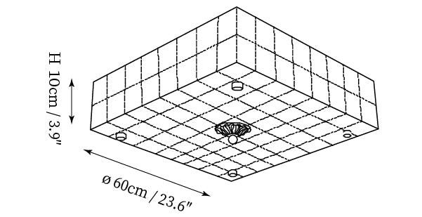 Clérachic ceiling light dimension drawing, 3 of 3, every measurement marked in centimetres and inches.