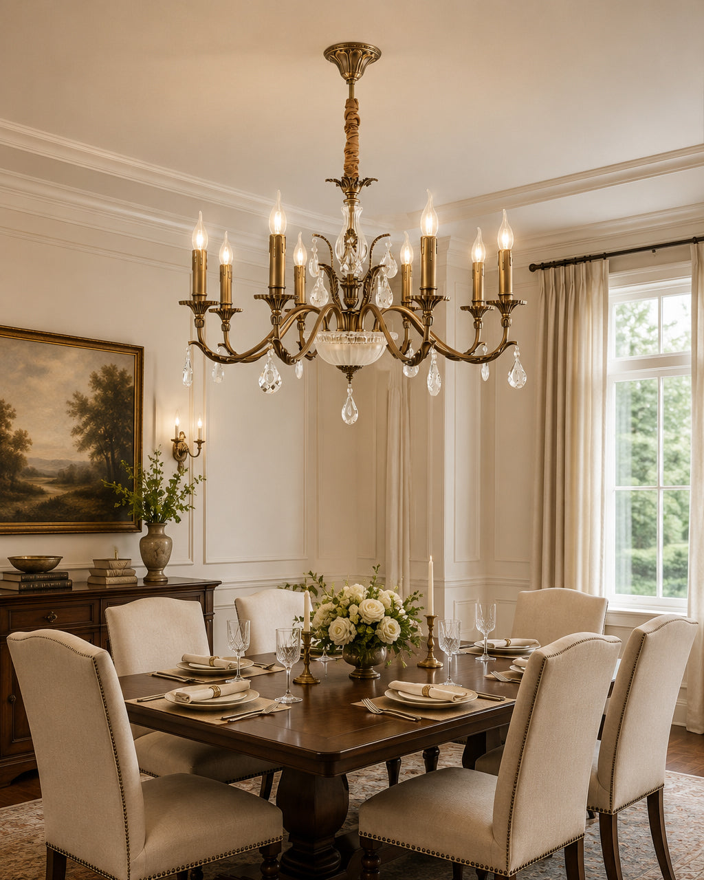A Clérachic antique brass chandelier lights a dining room with upholstered chairs, a set table, flowers and a framed landscape.