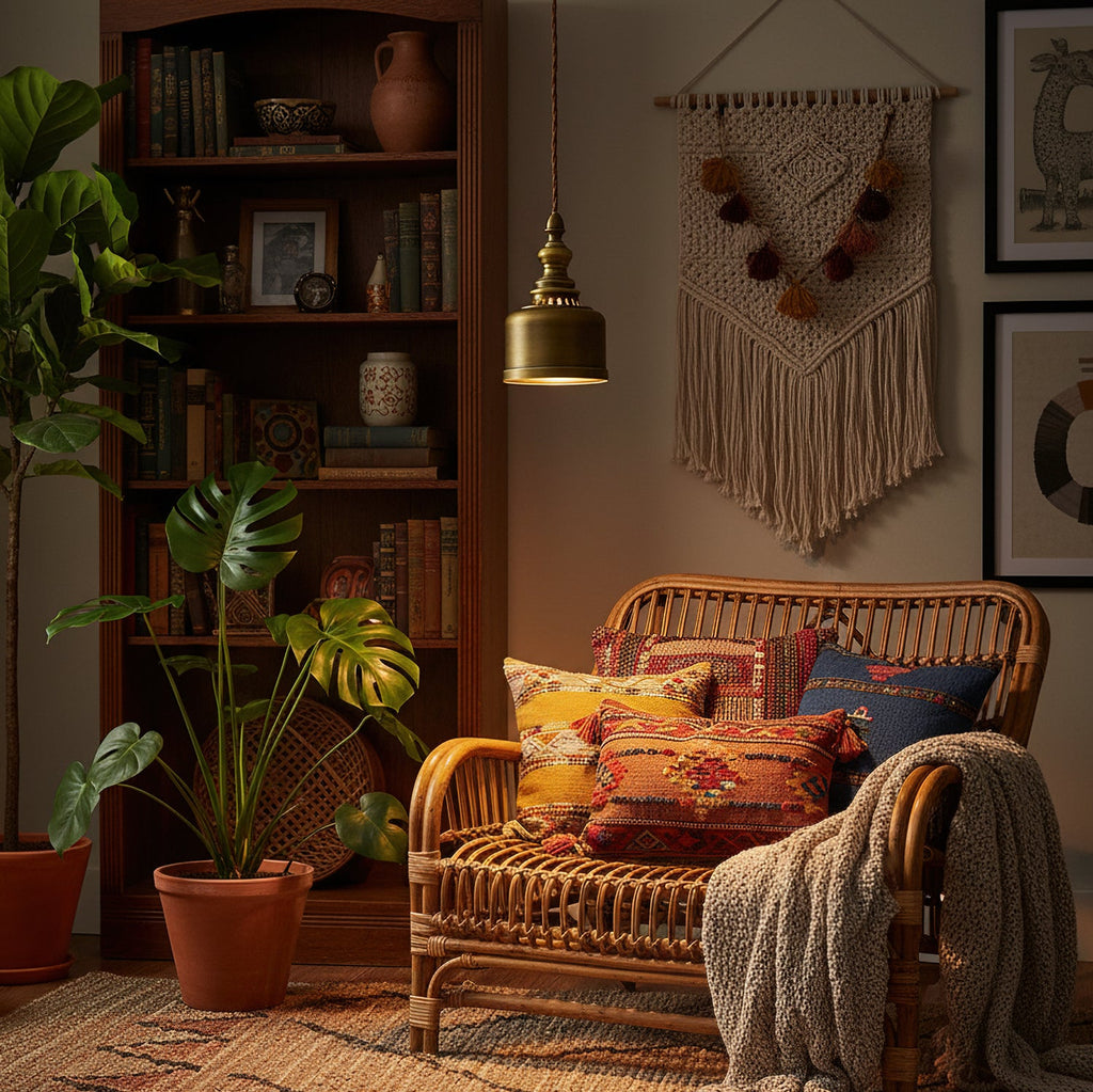 A Clérachic brass dome pendant glows beside a bookcase, with a rattan sofa, patterned cushions and a macramé wall hanging nearby.