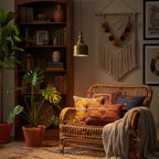 A Clérachic brass dome pendant glows beside a bookcase, with a rattan sofa, patterned cushions and a macramé wall hanging nearby.