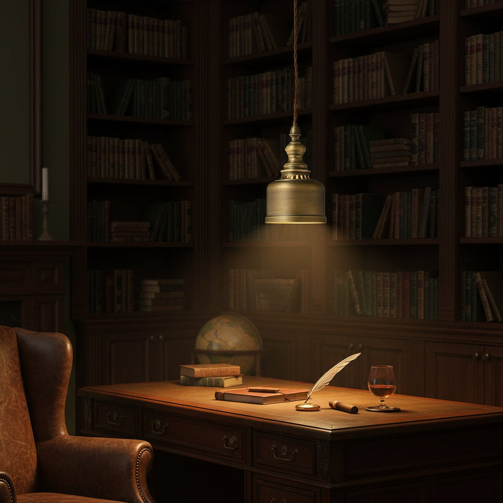In a dark study lined with books, this Clérachic brass pendant throws a warm pool of light over a wooden desk and a leather chair.