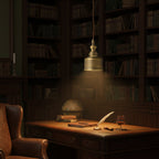 In a dark study lined with books, this Clérachic brass pendant throws a warm pool of light over a wooden desk and a leather chair.