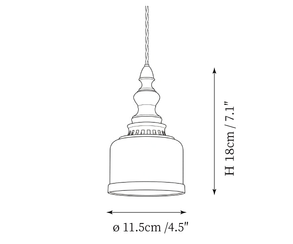 Clérachic pendant light dimension drawing, every measurement marked in centimetres and inches.