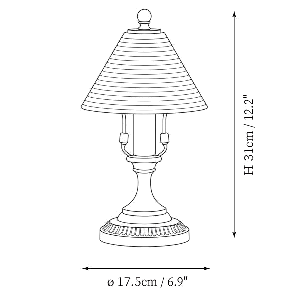 Clérachic table lamp dimension drawing, every measurement marked in centimetres and inches.