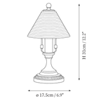 Clérachic table lamp dimension drawing, every measurement marked in centimetres and inches.