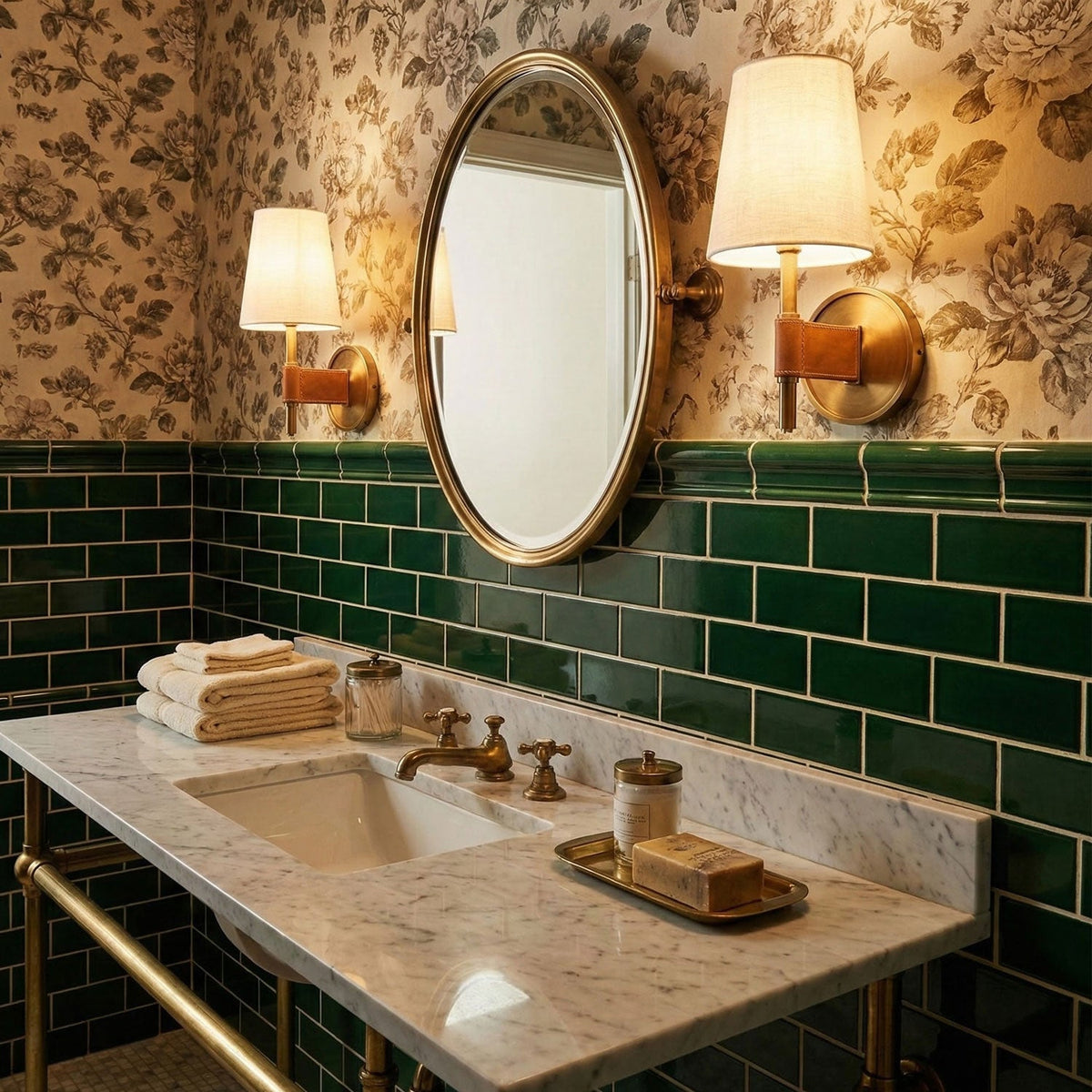 Two Clérachic wall lights flanking an oval brass mirror above a marble vanity, against floral wallpaper and dark green tiles.