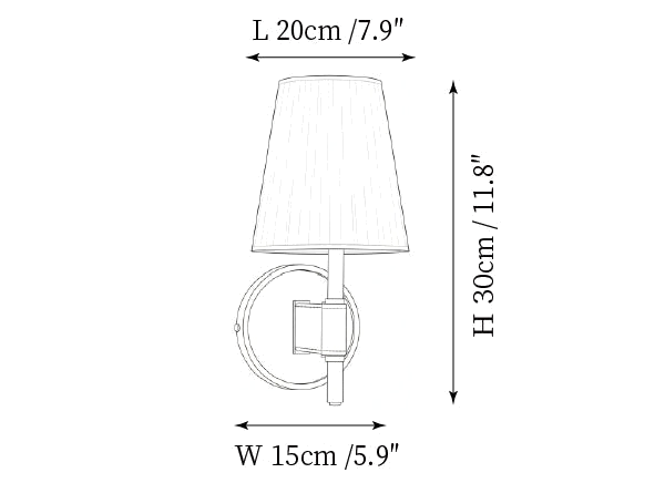 Clérachic wall light dimension drawing, 1 of 2, every measurement marked in centimetres and inches.