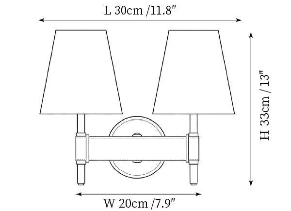 Clérachic wall light dimension drawing, 2 of 2, every measurement marked in centimetres and inches.