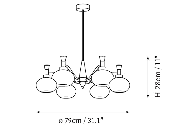 Dimension drawing of this Clérachic six-light chandelier, with its 28 cm height and 79 cm width marked.