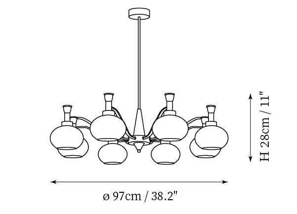 Dimension drawing of this Clérachic eight-light chandelier, with its 28 cm height and 97 cm width marked.