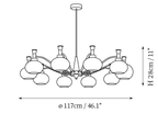 Dimension drawing of this Clérachic ten-light chandelier, with its 28 cm height and 117 cm width marked.