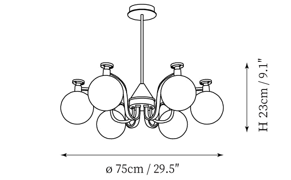Dimension drawing of this Clérachic six-light chandelier in its round-globe style, with its 23 cm height and 75 cm width marked.