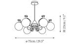 Dimension drawing of this Clérachic six-light chandelier in its round-globe style, with its 23 cm height and 75 cm width marked.