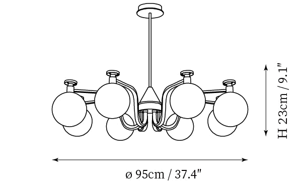 Dimension drawing of this Clérachic eight-light chandelier in its round-globe style, with its 23 cm height and 95 cm width marked.